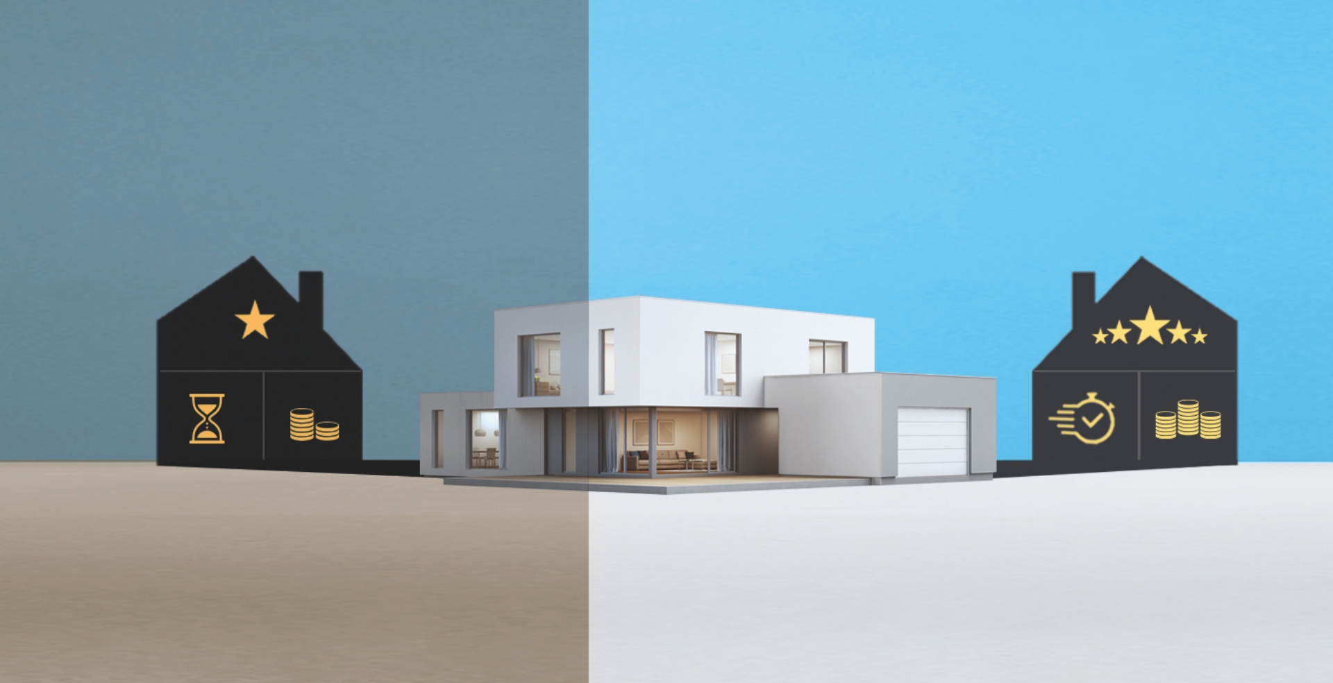 Illustration montrant la transformation d'une maison 1 étoile à une maison 5 étoiles grâce aux services de Capture Immo, symbolisant une vente rapide et à un prix optimal.