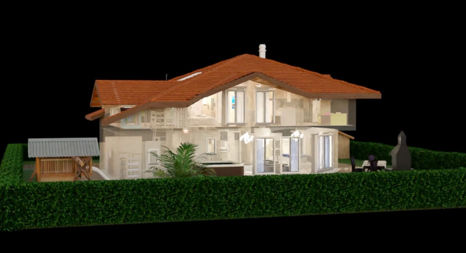 Modélisation 3D d'une maison vue de côté avec jacuzzi, espace de jeux pour enfants et terrasse spacieuse.