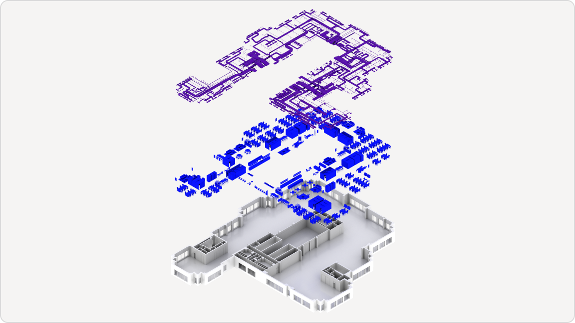 Fichier BIM présentant un plan de coupe divisé en trois niveaux, permettant une visualisation détaillée des différentes sections du bâtiment.