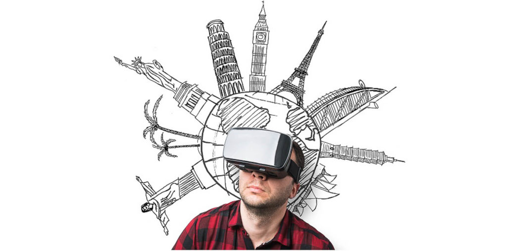 Un homme portant des lunettes VR se tient au centre d'une mappemonde virtuelle, entouré par une représentation immersive des sept merveilles du monde. Cette image capture l'essence de l'aventure globale accessible grâce aux lunettes VR.