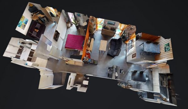 Vue du dessus d'un appartement en style "maison de poupée" réalisée avec la technologie Matterport par Capture Immo.